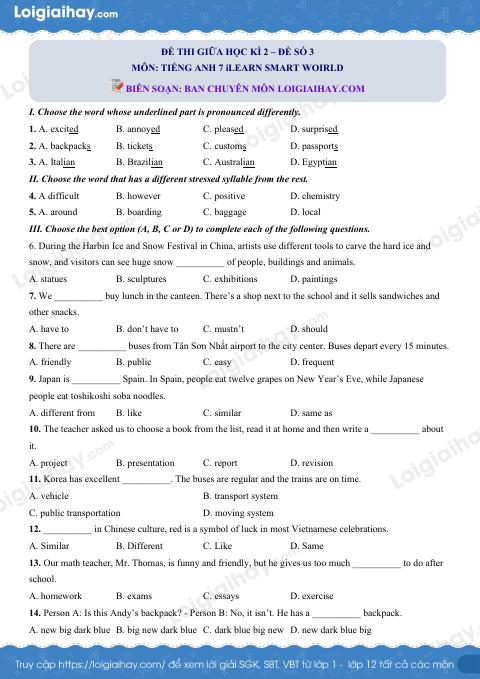 Đề thi giữa kì 2 Tiếng Anh 7 iLearn Smart World - Đề số 3